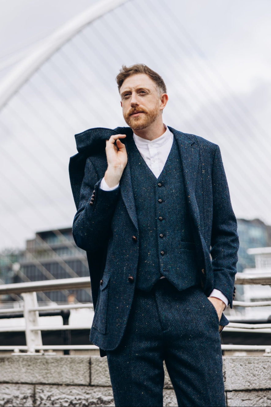 Elegant Blue Herringbone Tweed Three-Piece Suit Handmade Irish