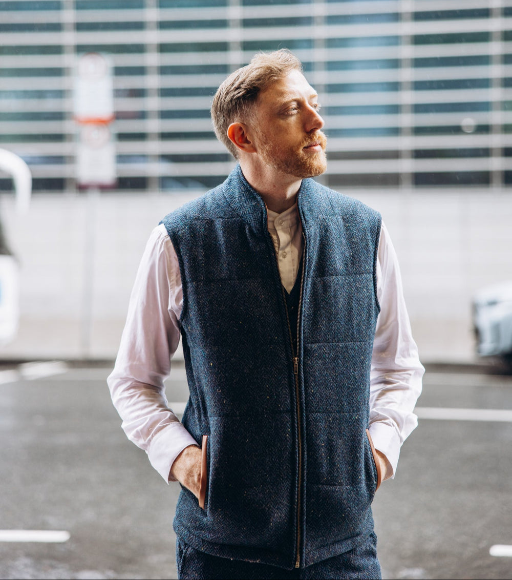 Blue Tweed Bodywarmer with Leather Trims