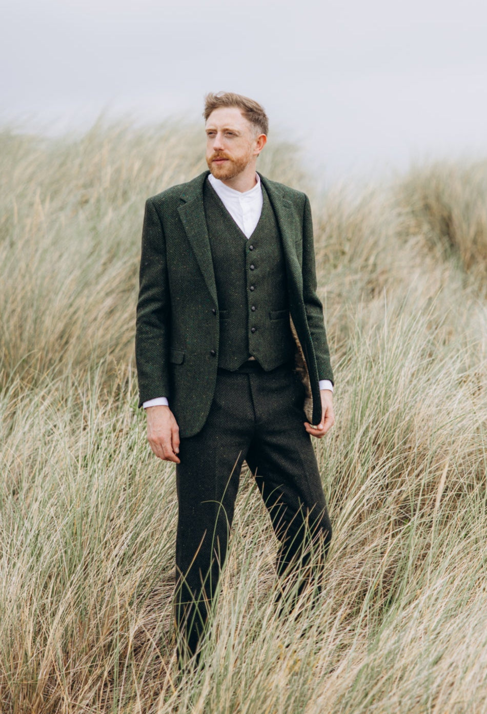 Stylish Green Herringbone Tweed Three-Piece Suit Handmade Irish