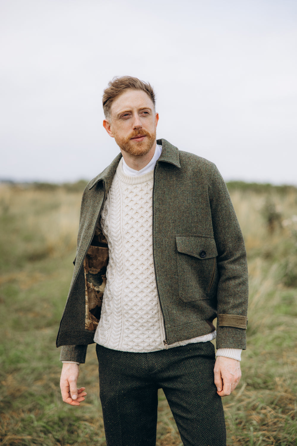 Moss Green Tweed Aviator Jacket