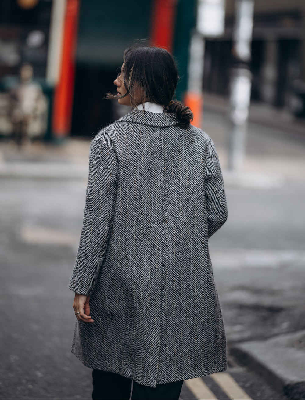 Black and White Herringbone City Coat