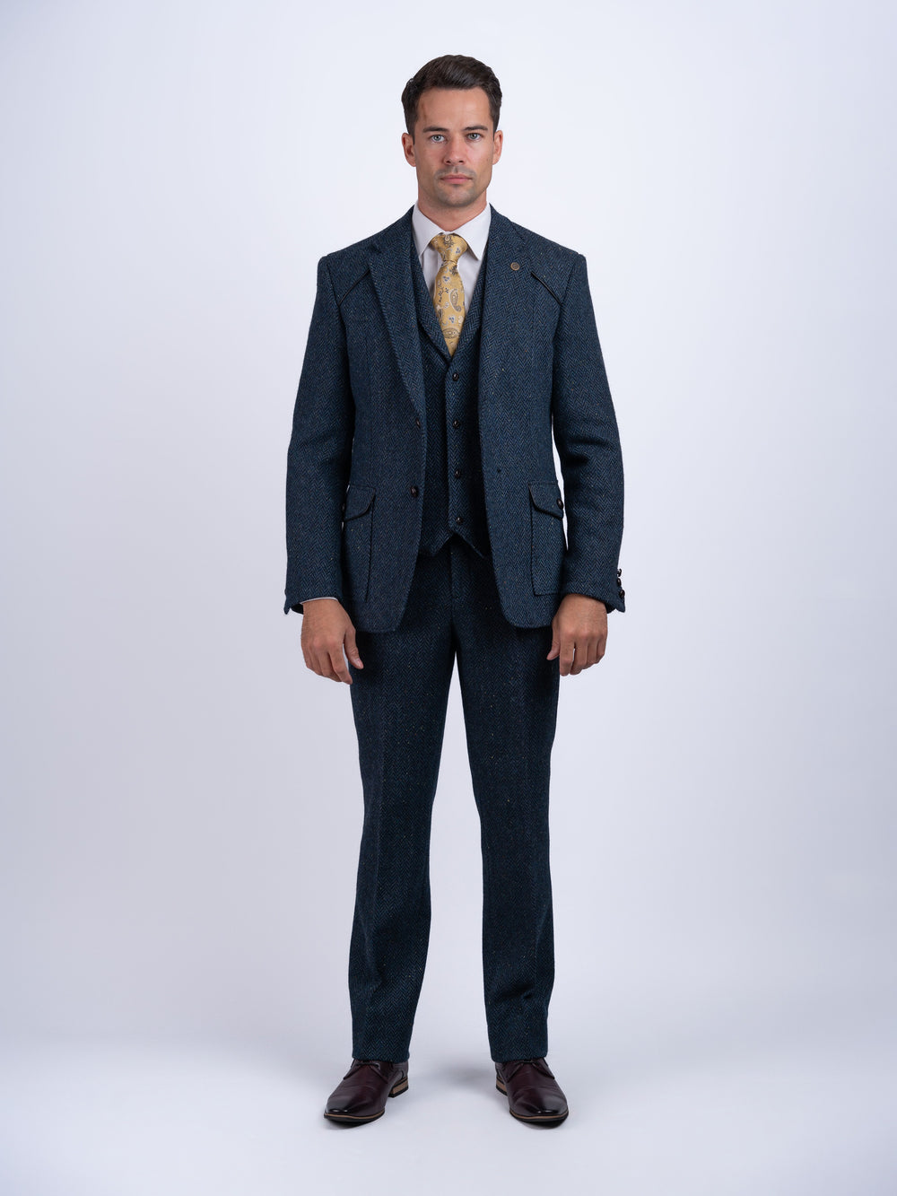 Blue Herringbone Tweed Three Piece Suit