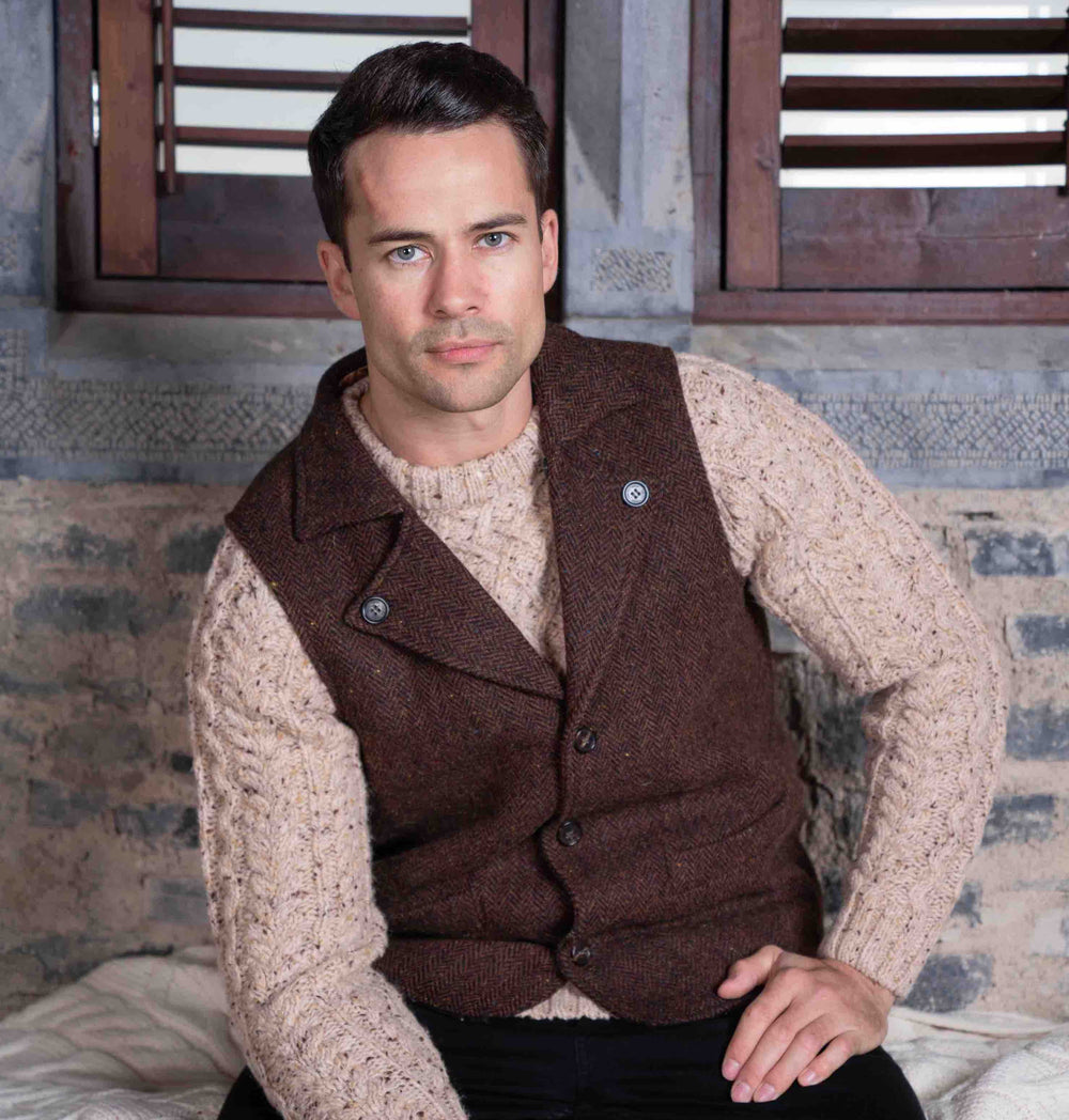 Man Of Aran Brown Herringbone Tweed Waistcoat & Vest