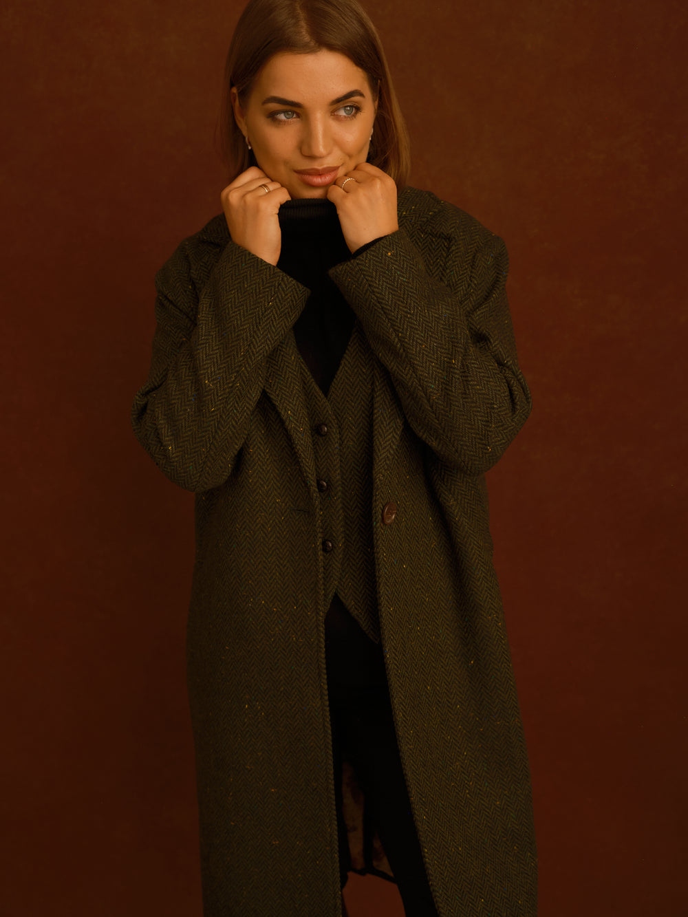 Green Herringbone City Coat