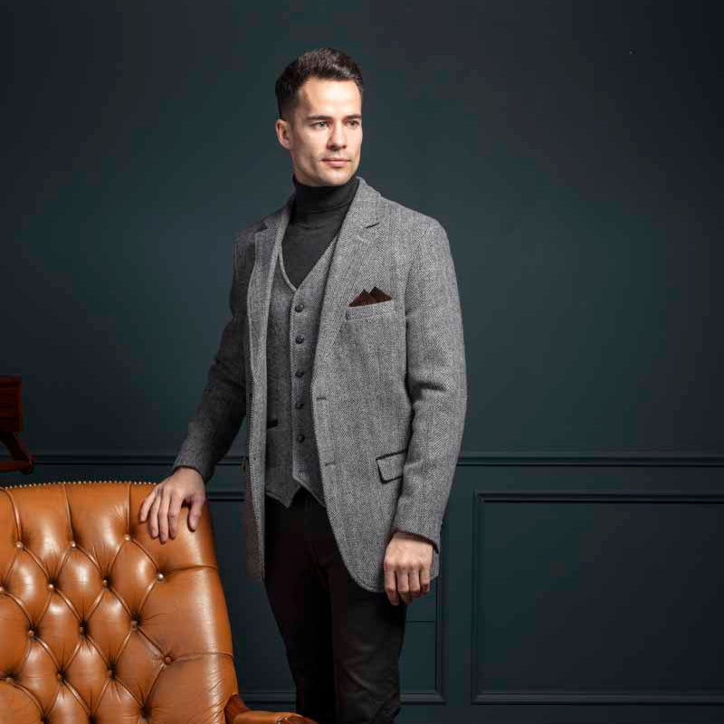 Grey Hunting Tweed Jacket with Moleskin Trim