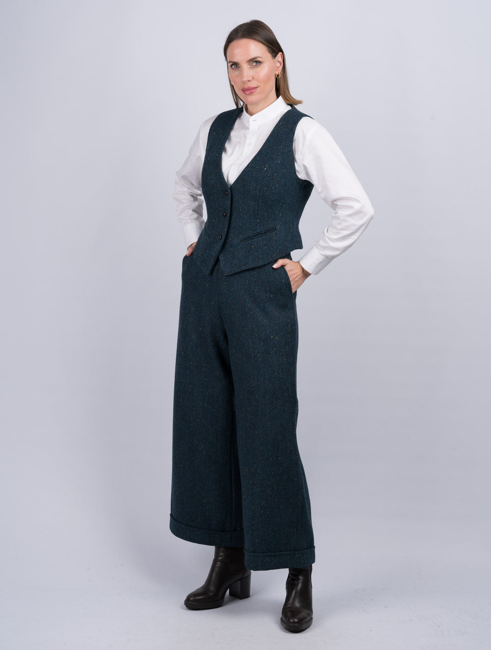 Women's Blue Herringbone Tweed Trousers & Pants