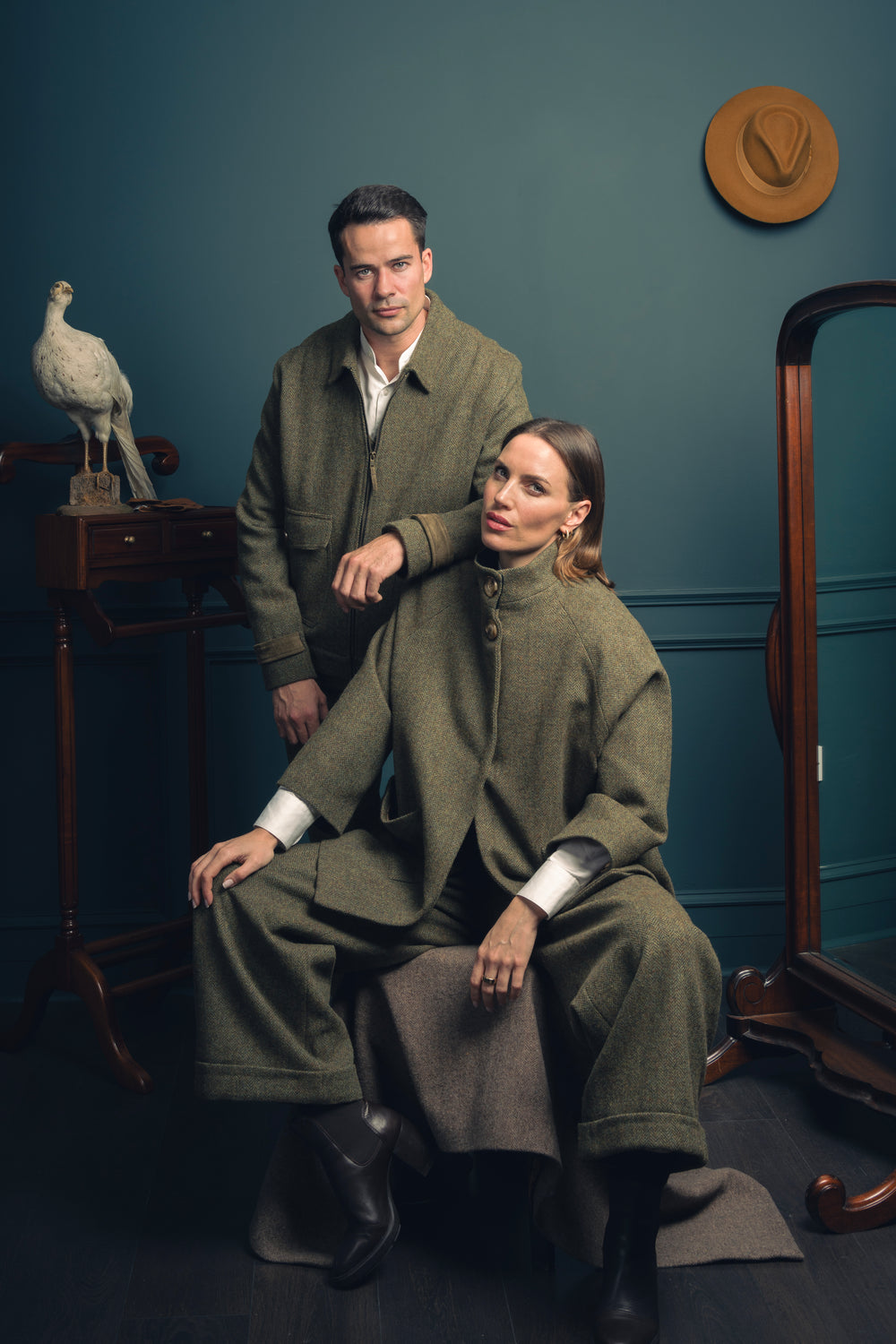 Women's Moss Green Tweed Cape Coat