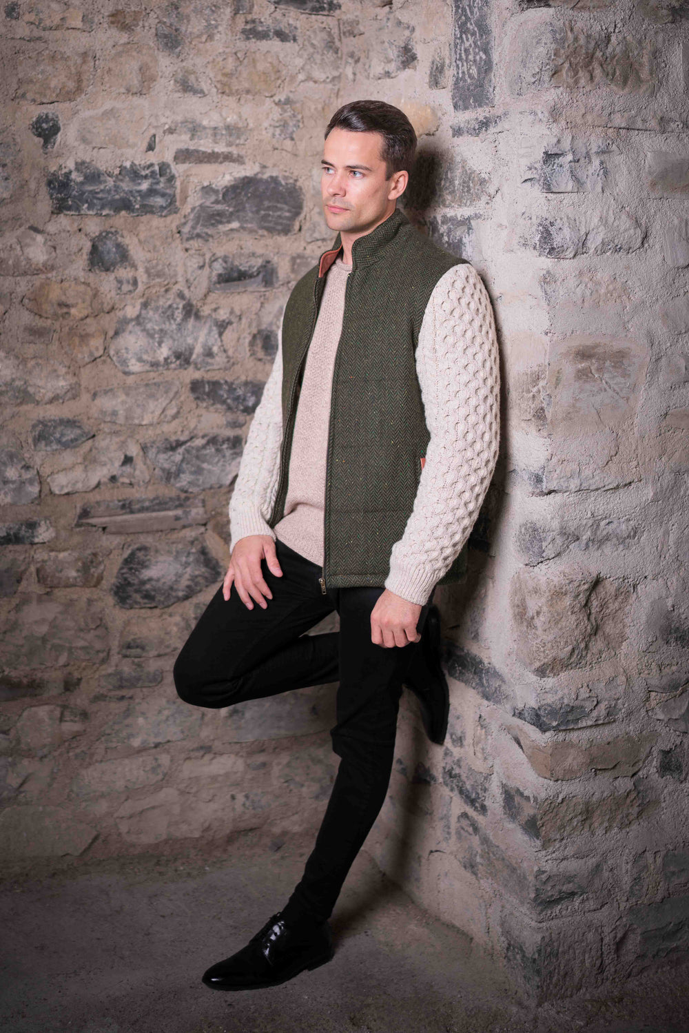 Green Shackleton Jacket with Natural Cable Knit Sleeve