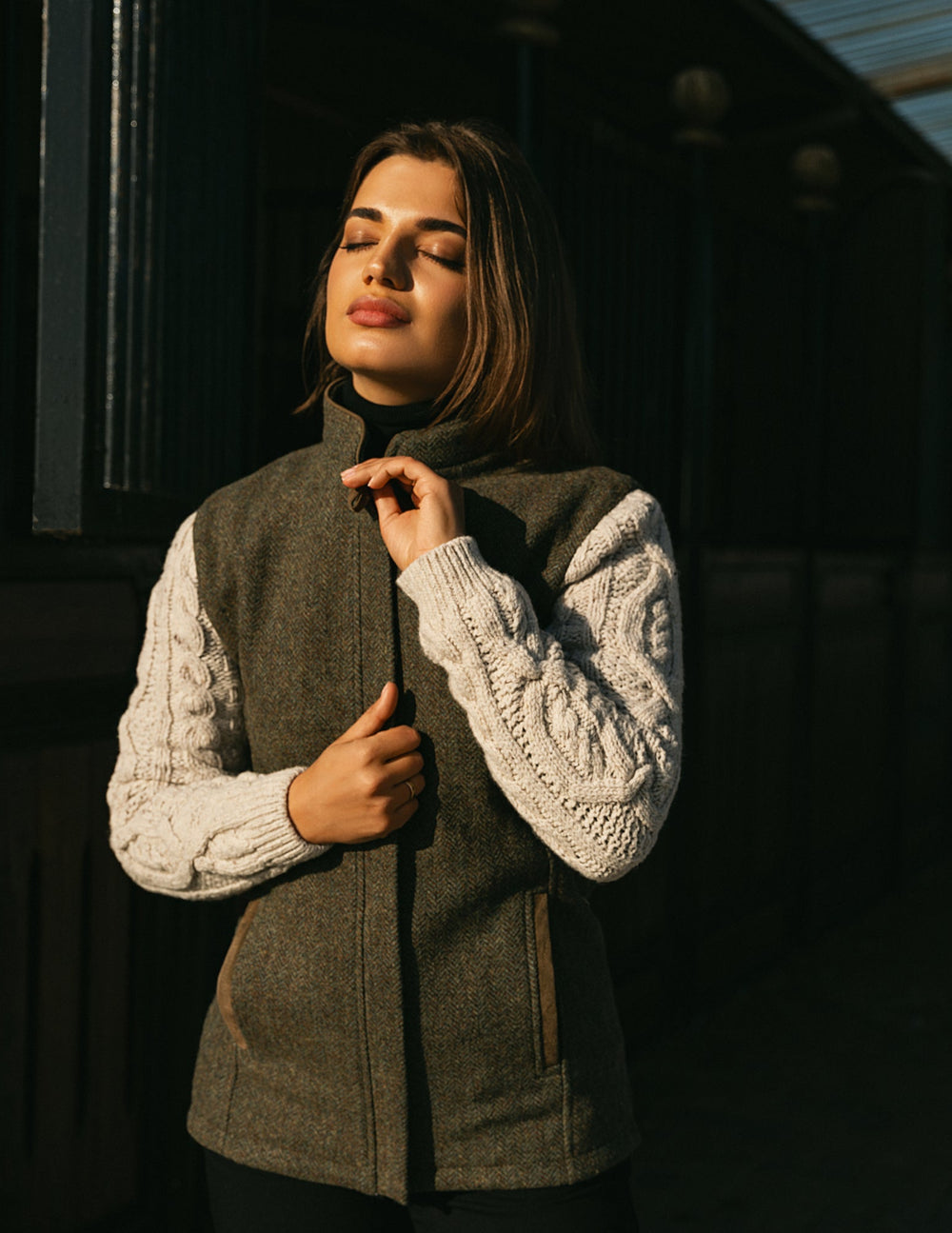 The Constance Moss Green Tweed Jacket With Natural Cable Knit Sleeve