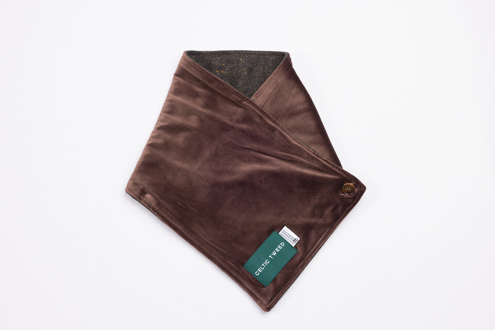 Brown Hopsack Tweed Snood Scarf with Reversible Velvet