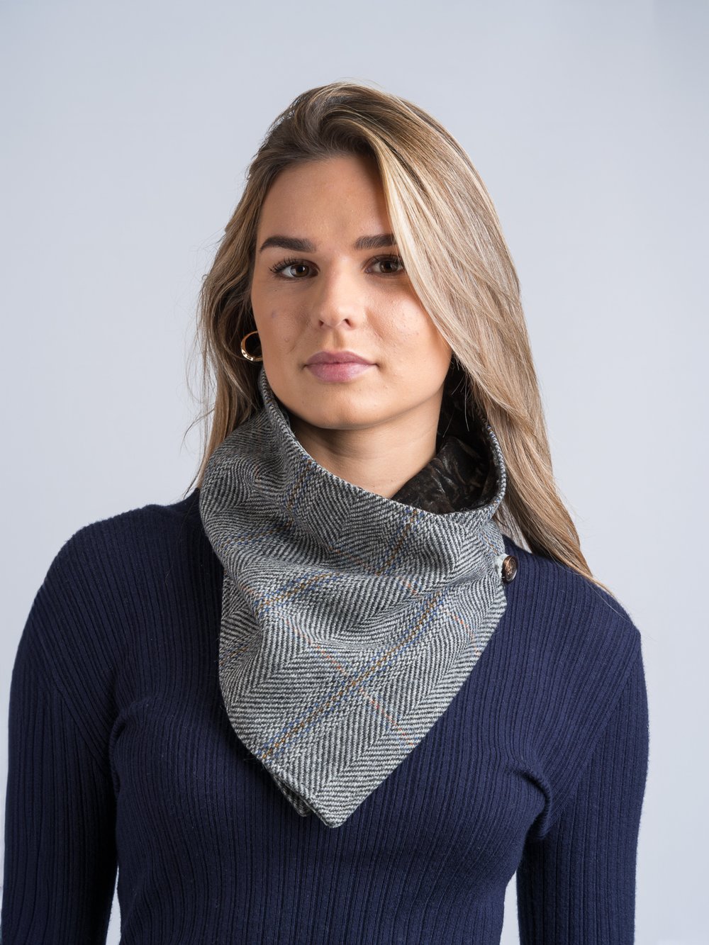 Grey Hunting Check Tweed Snood Scarf With Reversible Velvet