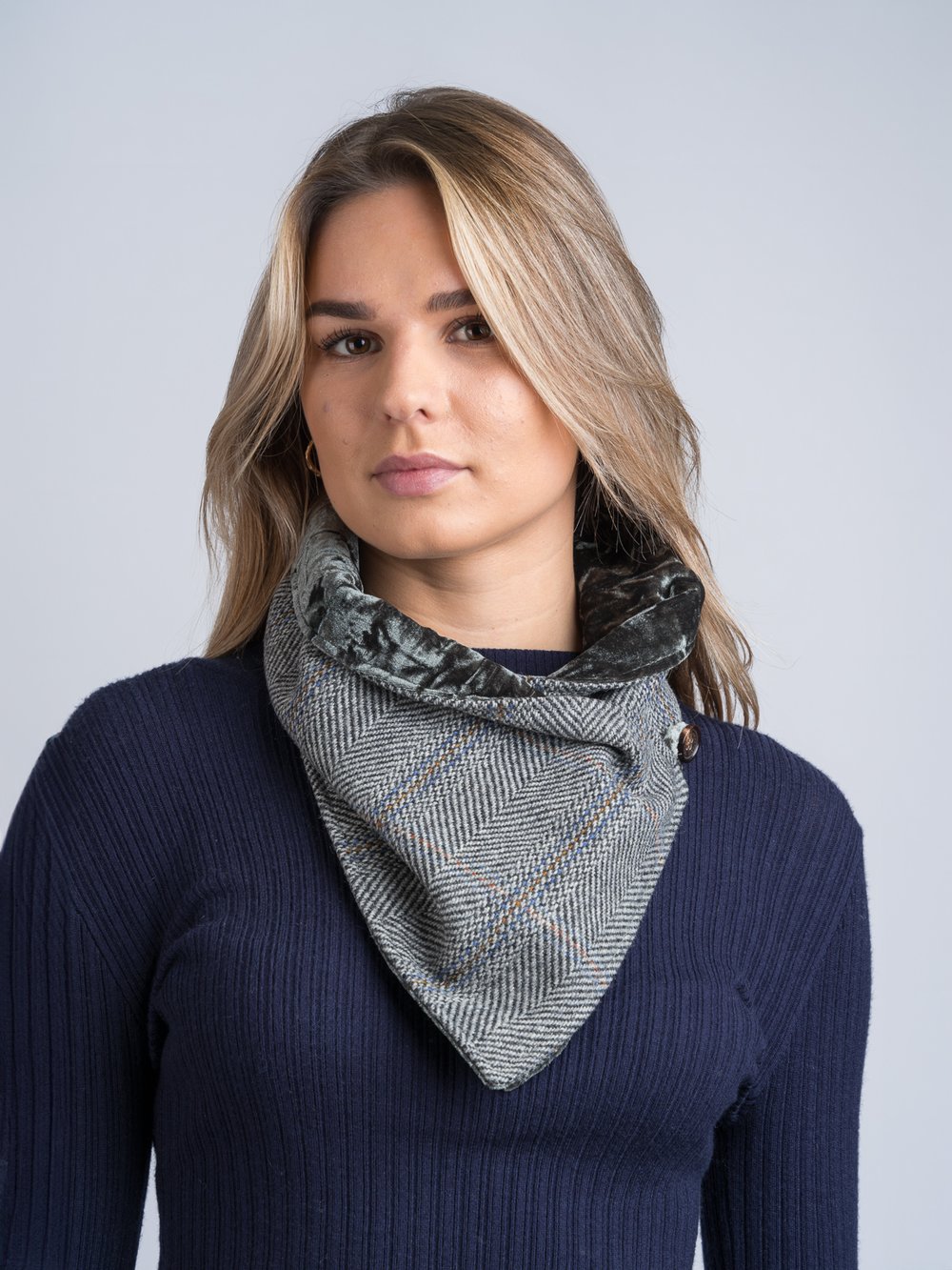 Grey Hunting Check Tweed Snood Scarf With Reversible Velvet