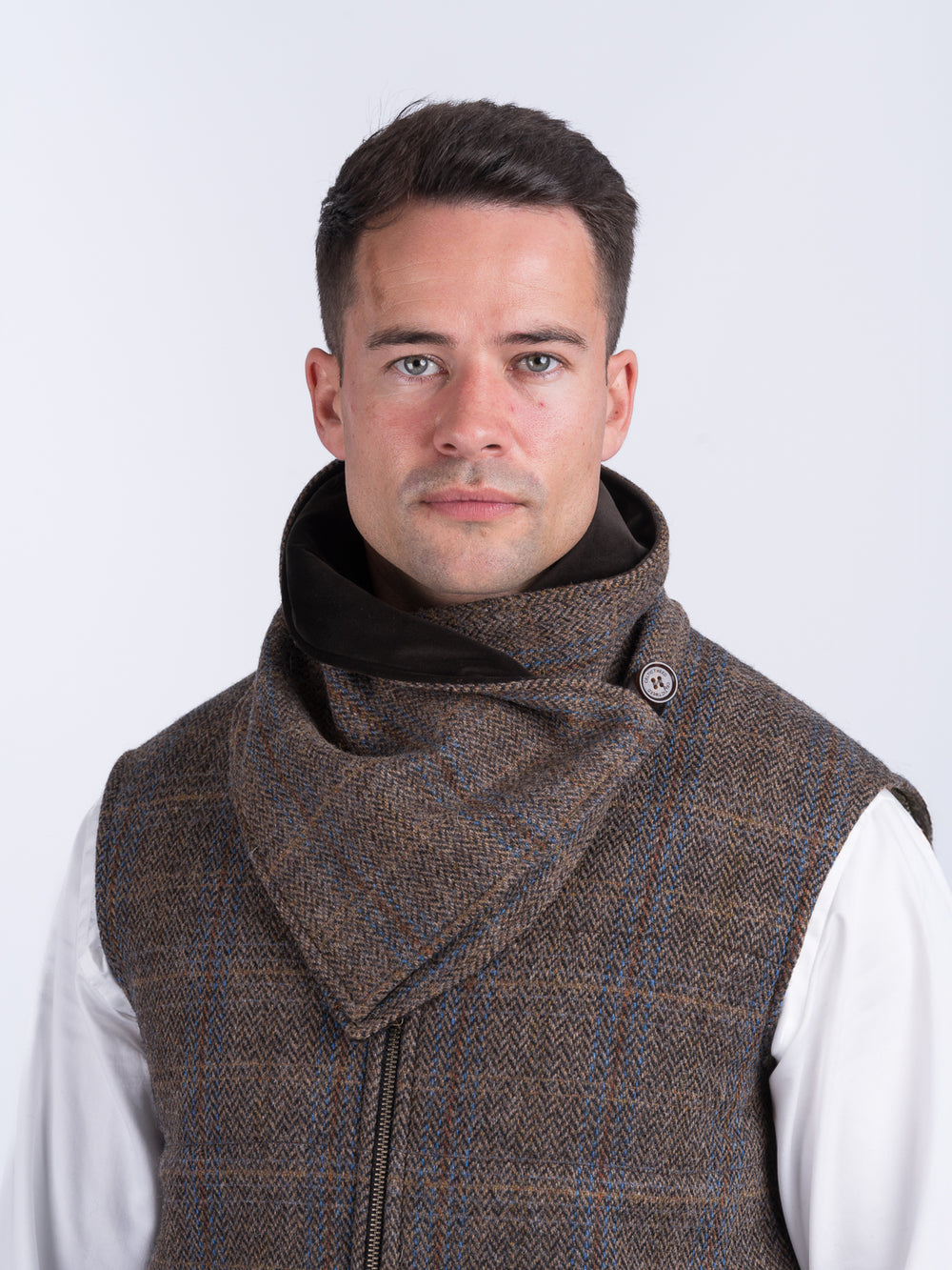Brown Hunting Check Tweed Snood Scarf with Reversible Velvet