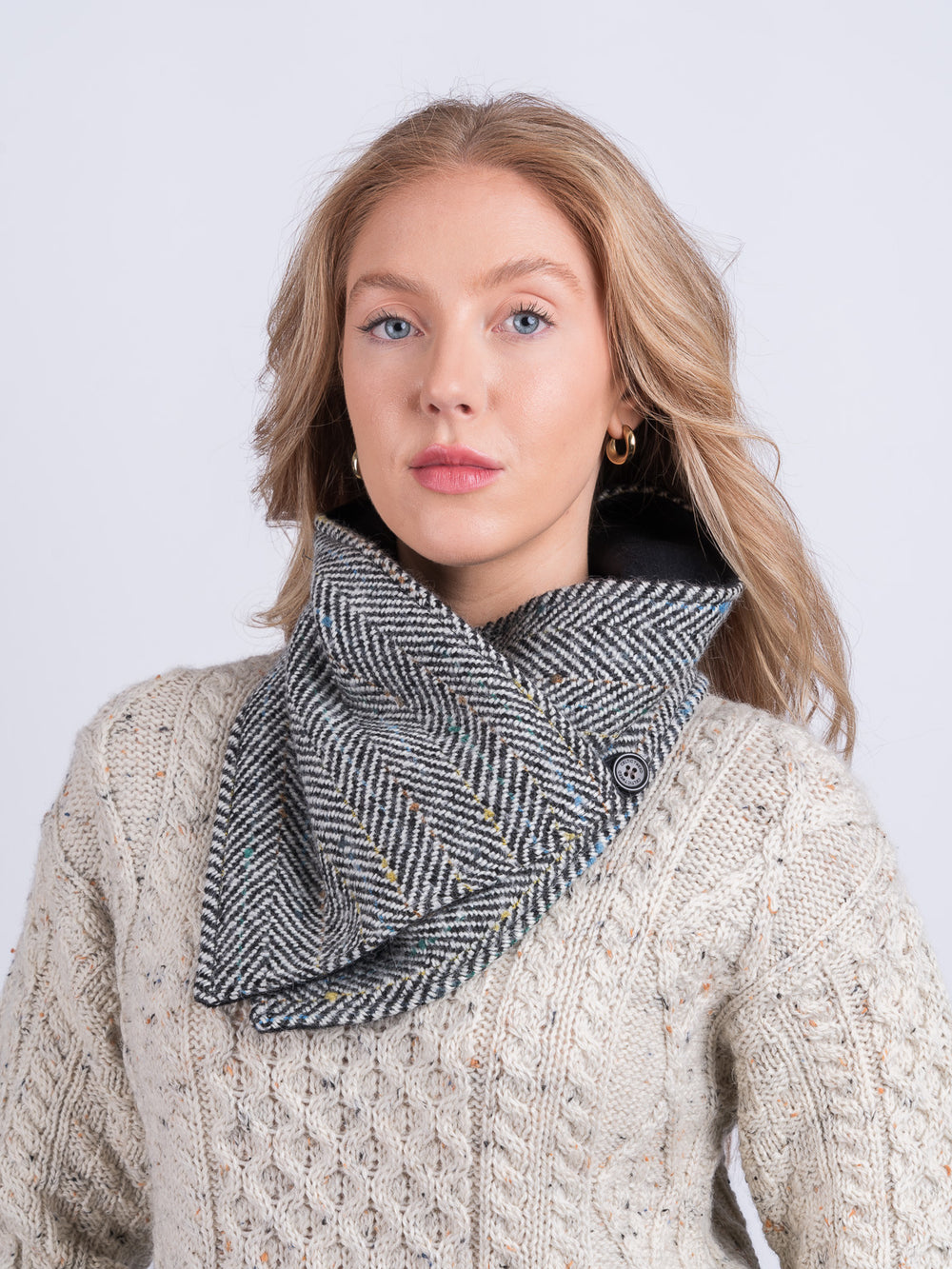 Black & White Herringbone Tweed  Snood Scarf With Reversible Velvet