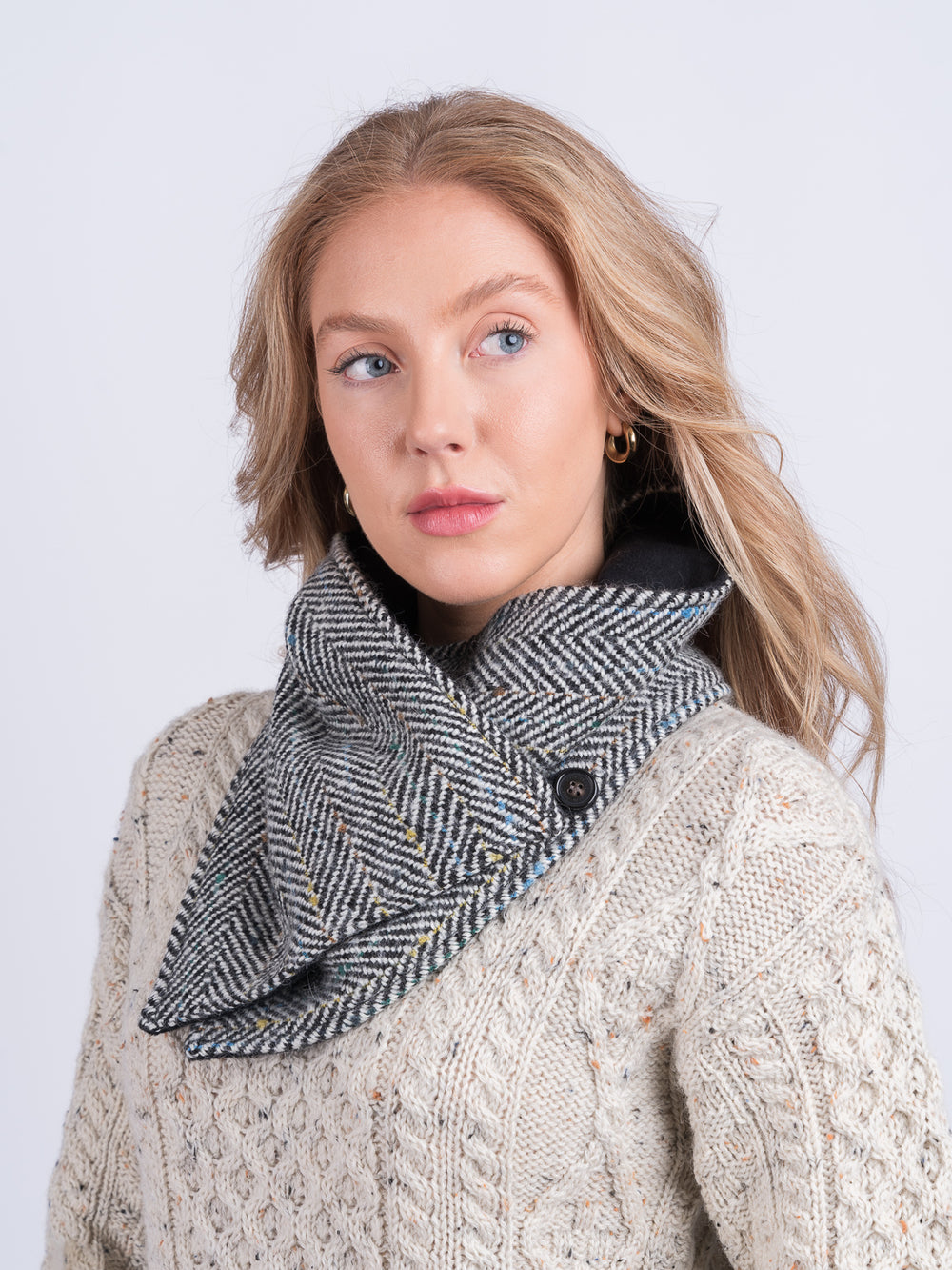 Black & White Herringbone Tweed  Snood Scarf With Reversible Velvet