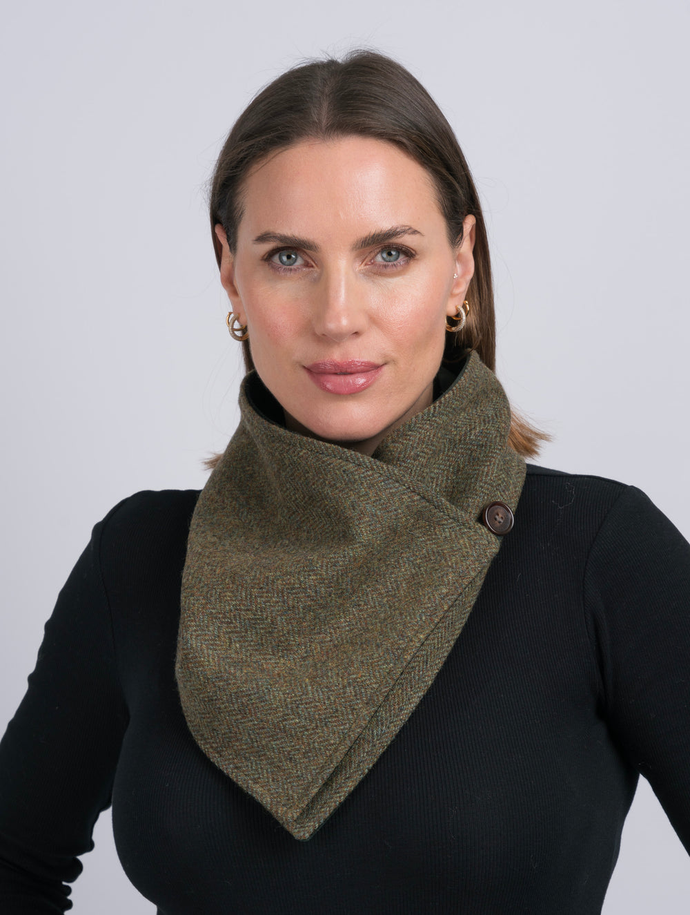 Moss Green Tweed Snood Scarf With Reversible Velvet