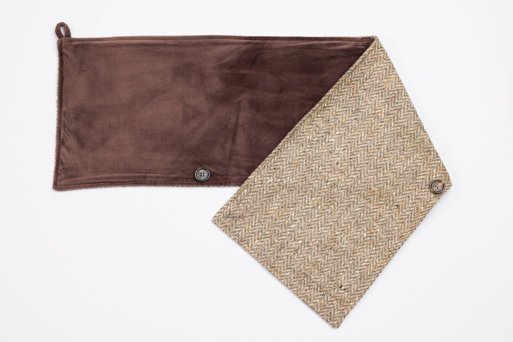 Oak Brown Herringbone Tweed Snood Scarf with Reversible Velvet