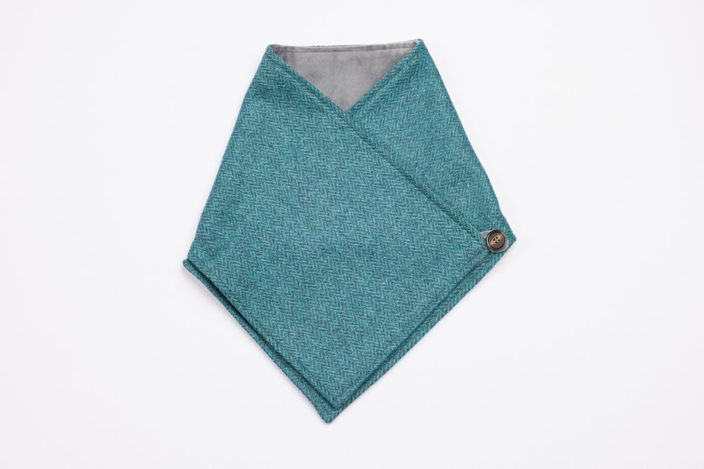 Ocean Blue Herringbone Tweed Snood Scarf with Reversible Velvet