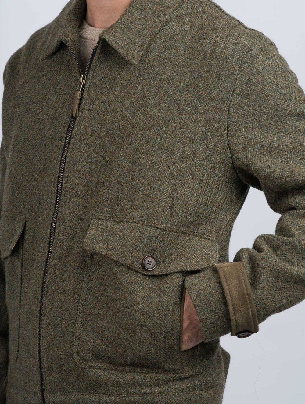 Men's Moss Green Tweed Aviator Jacket