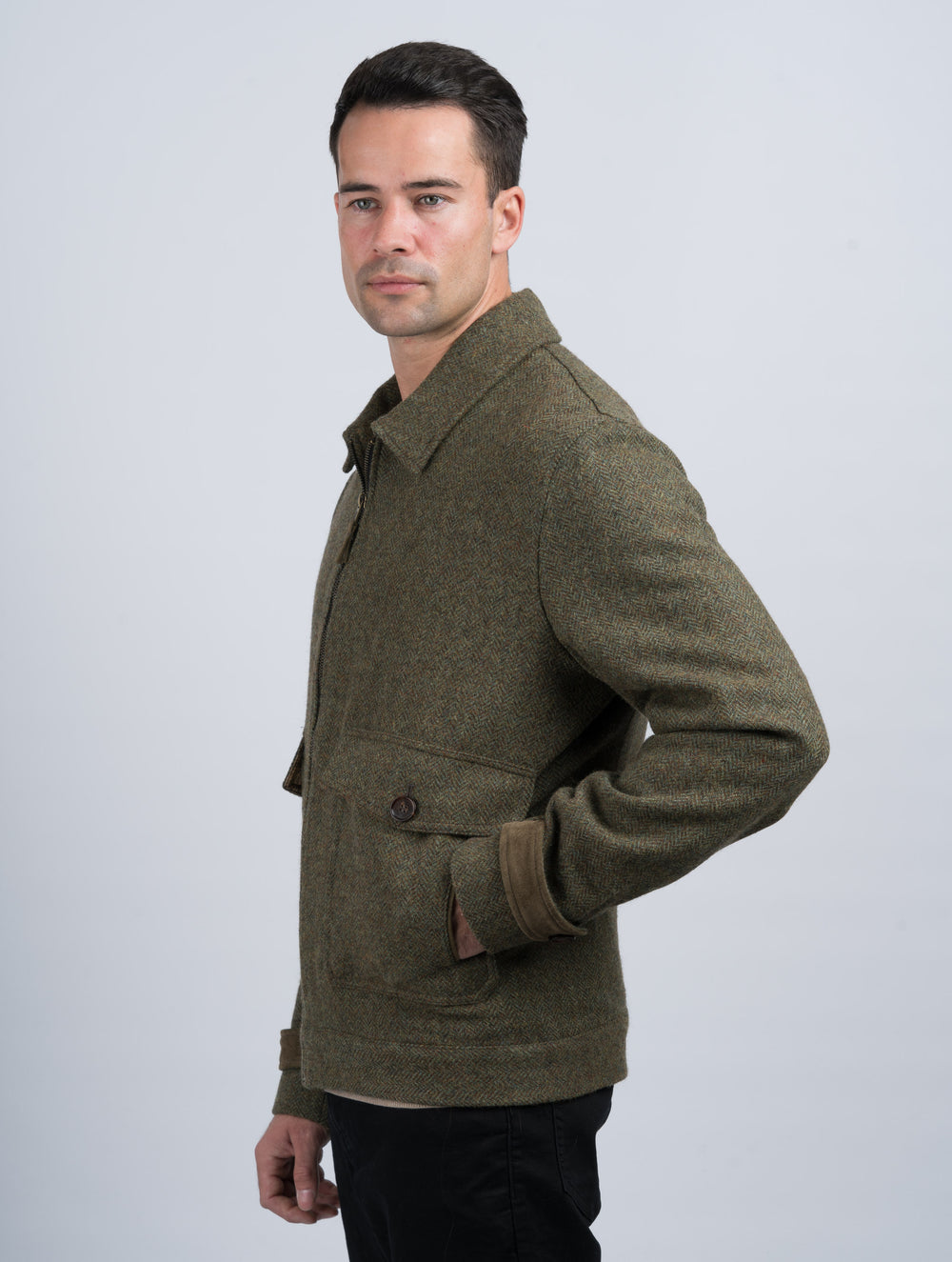Men's Moss Green Tweed Aviator Jacket