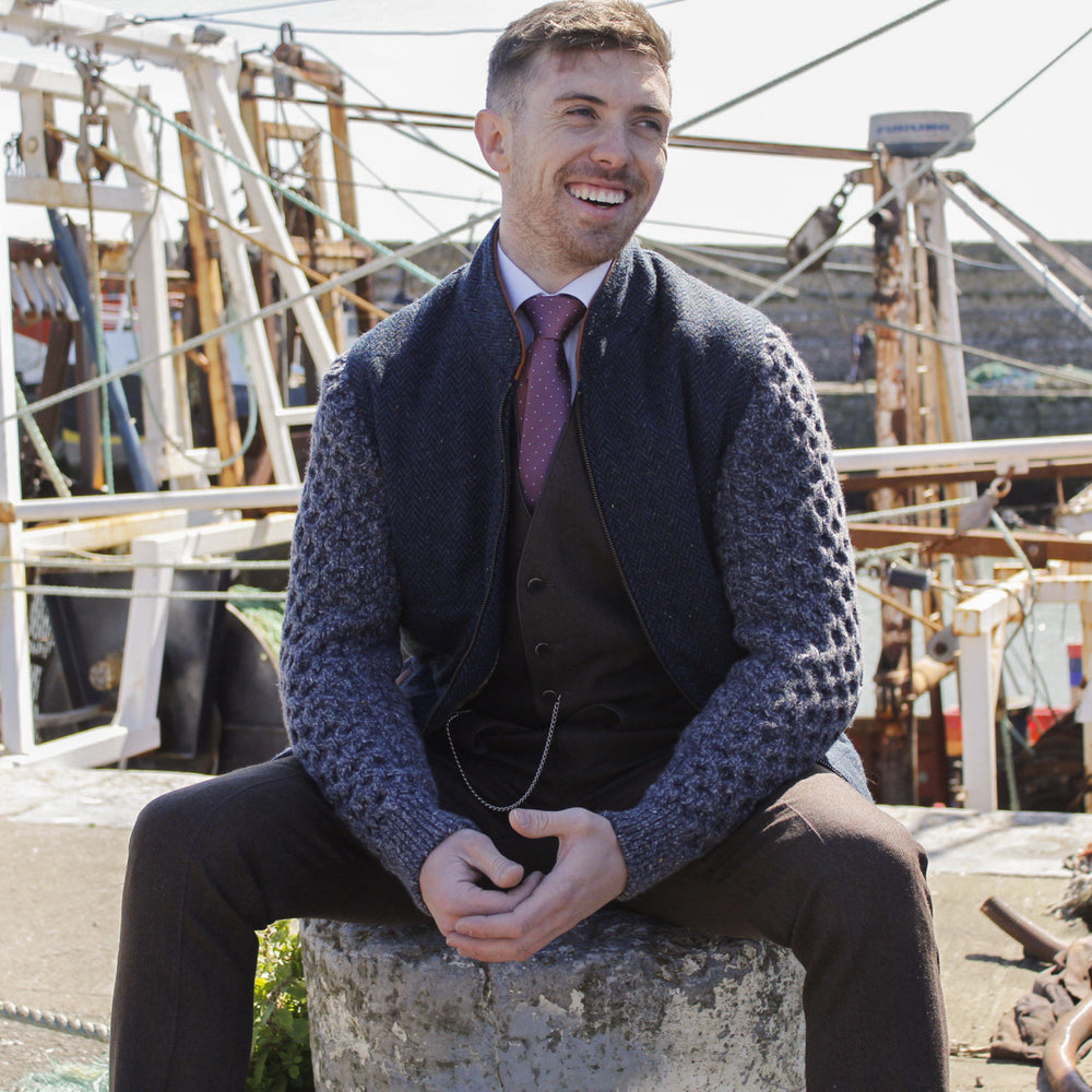Blue Shackleton Jacket with Navy Marl Cable Knit Sleeve