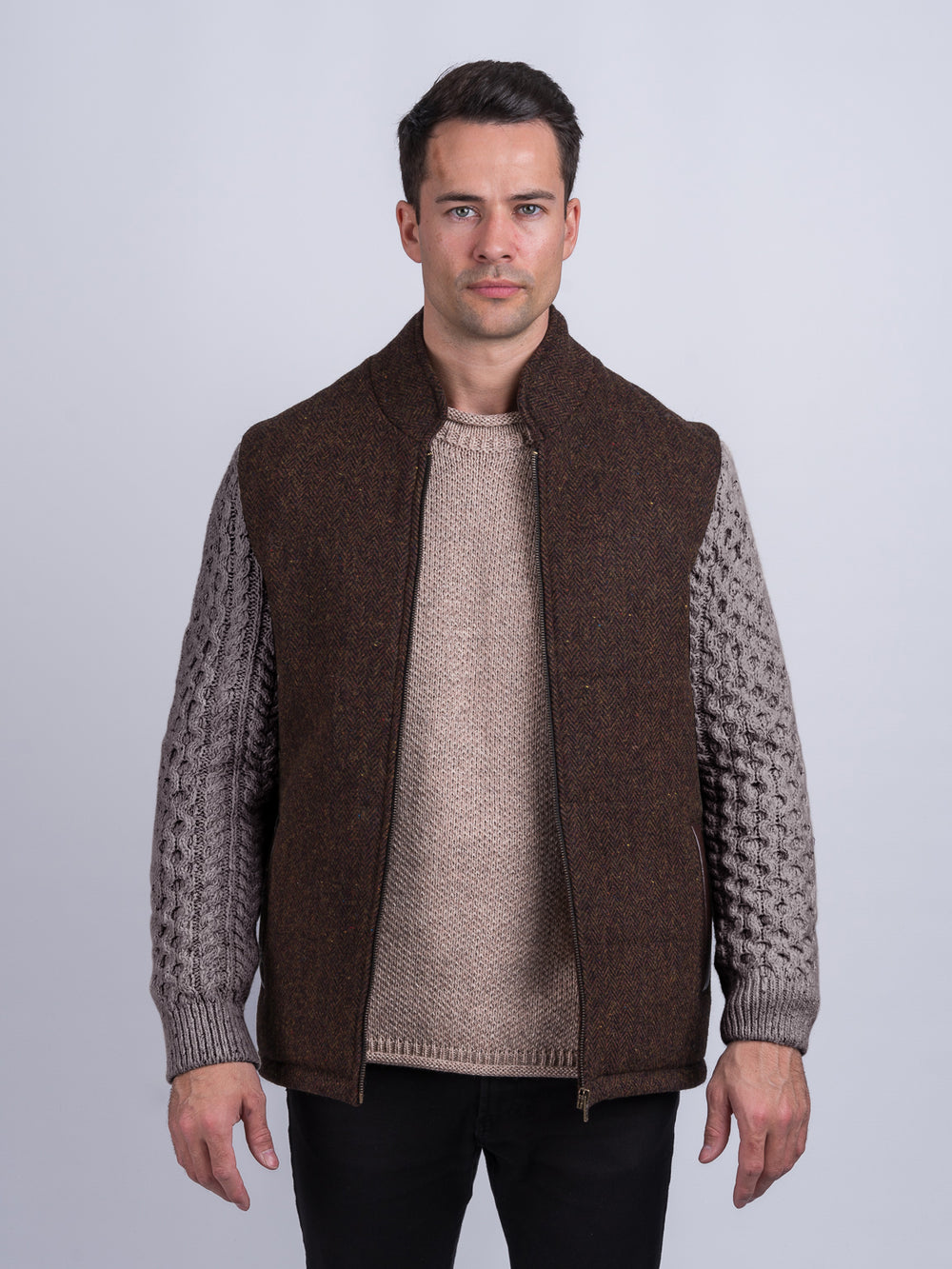 Brown Herringbone Shackleton Jacket With Rocky Road Cable Knit Sleeve