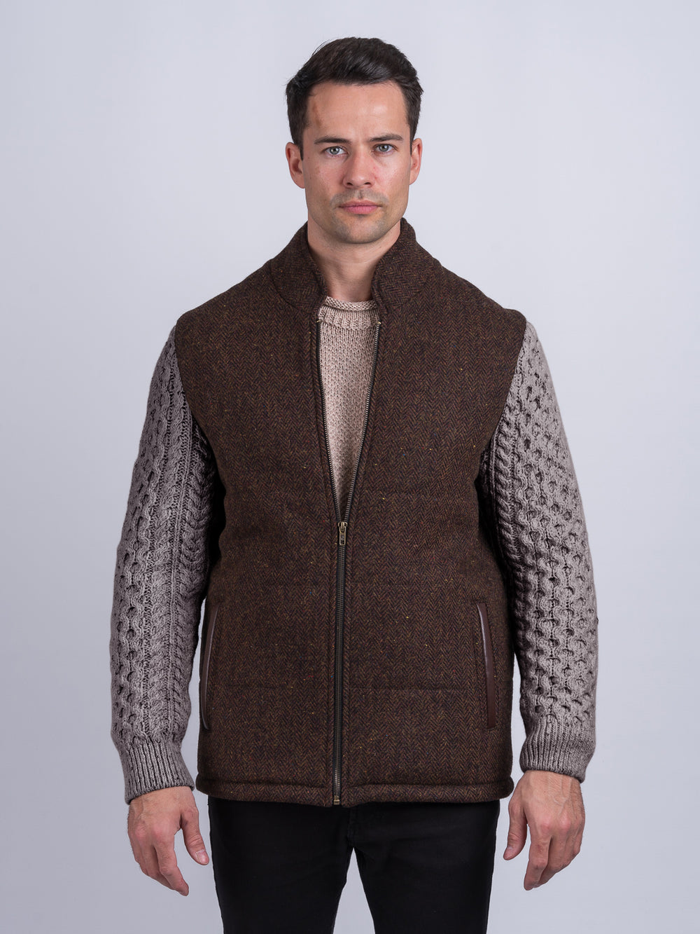 Brown Herringbone Shackleton Jacket With Rocky Road Cable Knit Sleeve