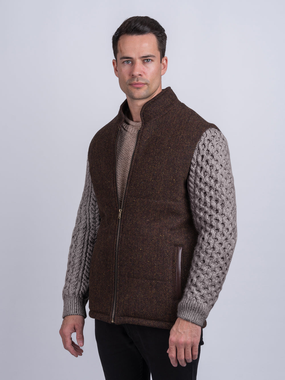 Brown Herringbone Shackleton Jacket With Rocky Road Cable Knit Sleeve