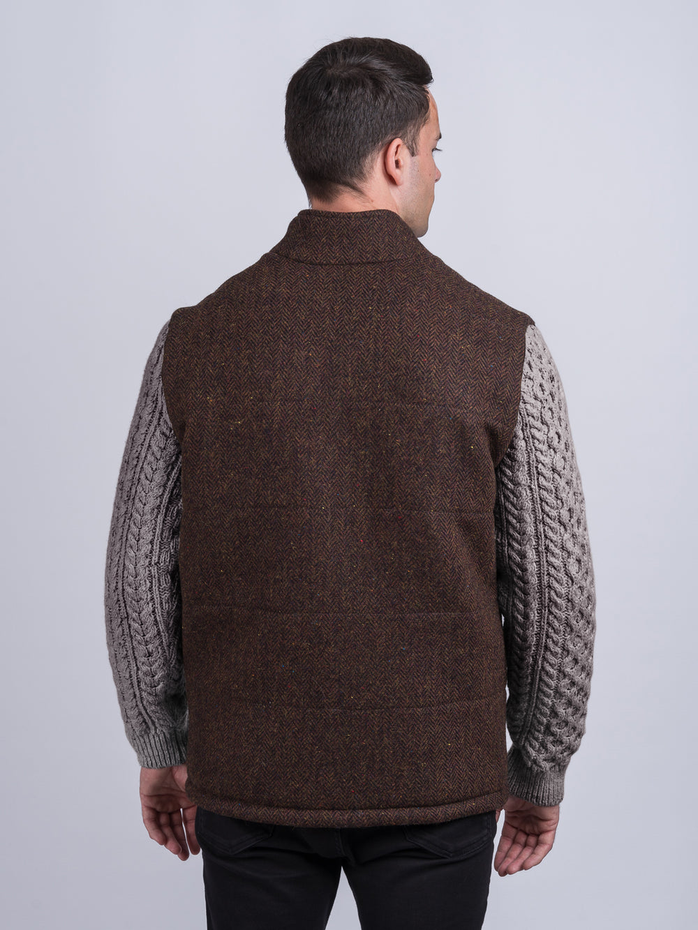 Brown Herringbone Shackleton Jacket With Rocky Road Cable Knit Sleeve