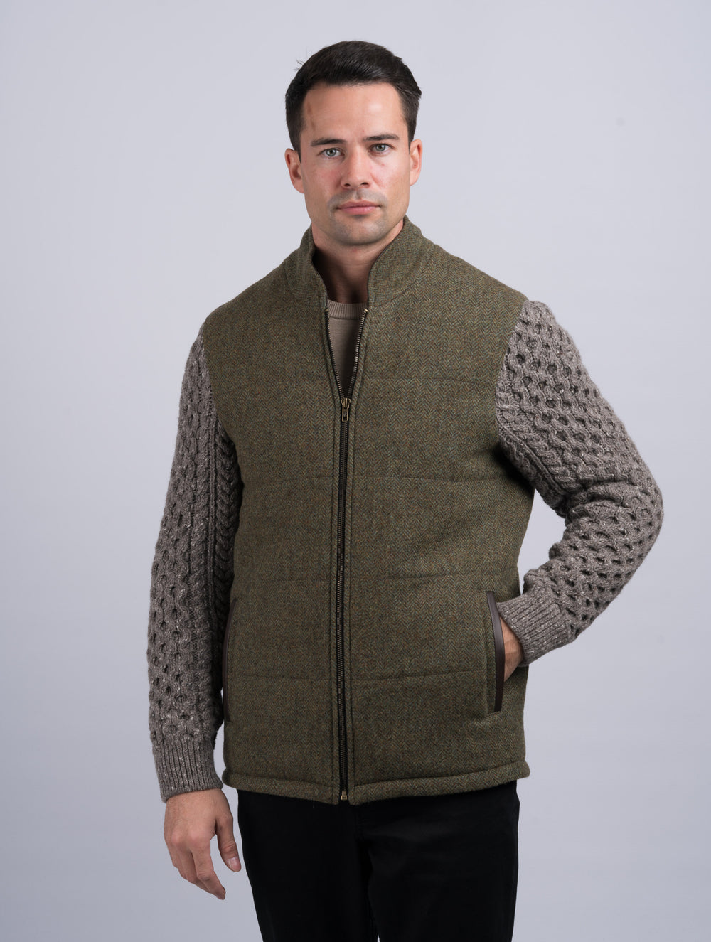 Moss Green Shackleton Jacket With Rocky Road Cable Knit Sleeve