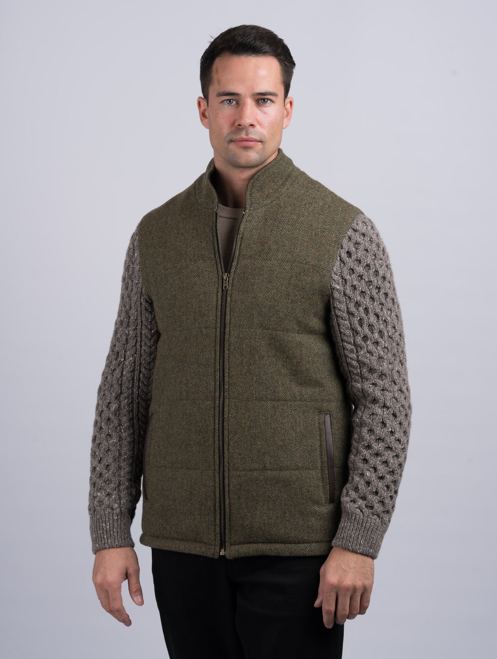 Moss Green Shackleton Jacket With Rocky Road Cable Knit Sleeve