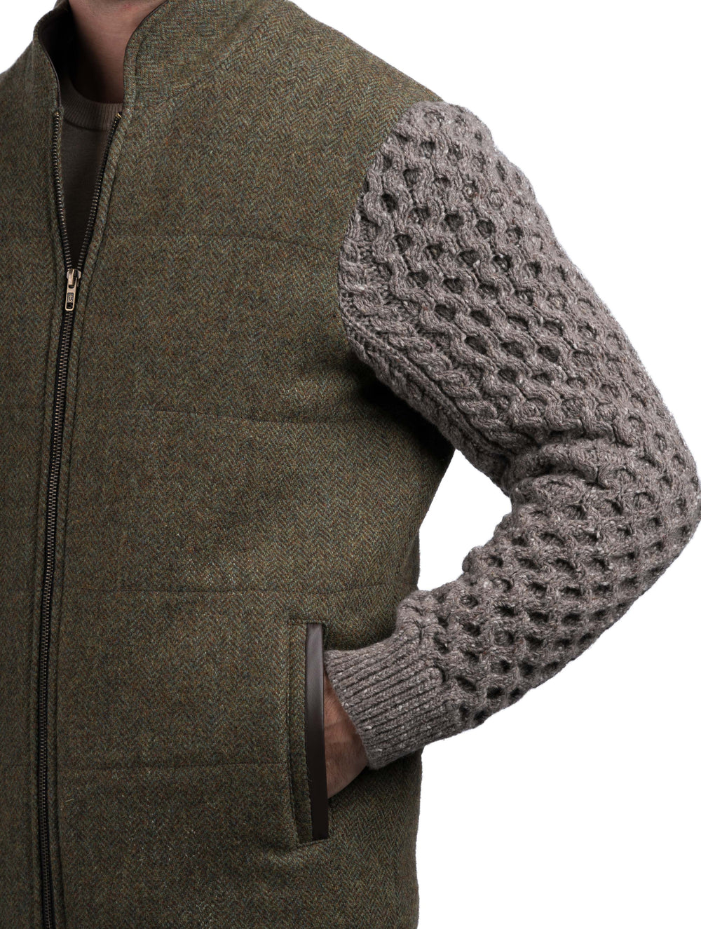 Moss Green Shackleton Jacket With Rocky Road Cable Knit Sleeve