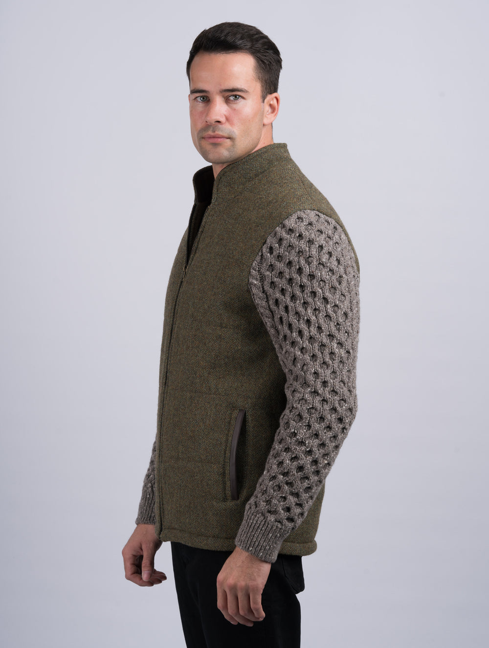 Moss Green Shackleton Jacket With Rocky Road Cable Knit Sleeve