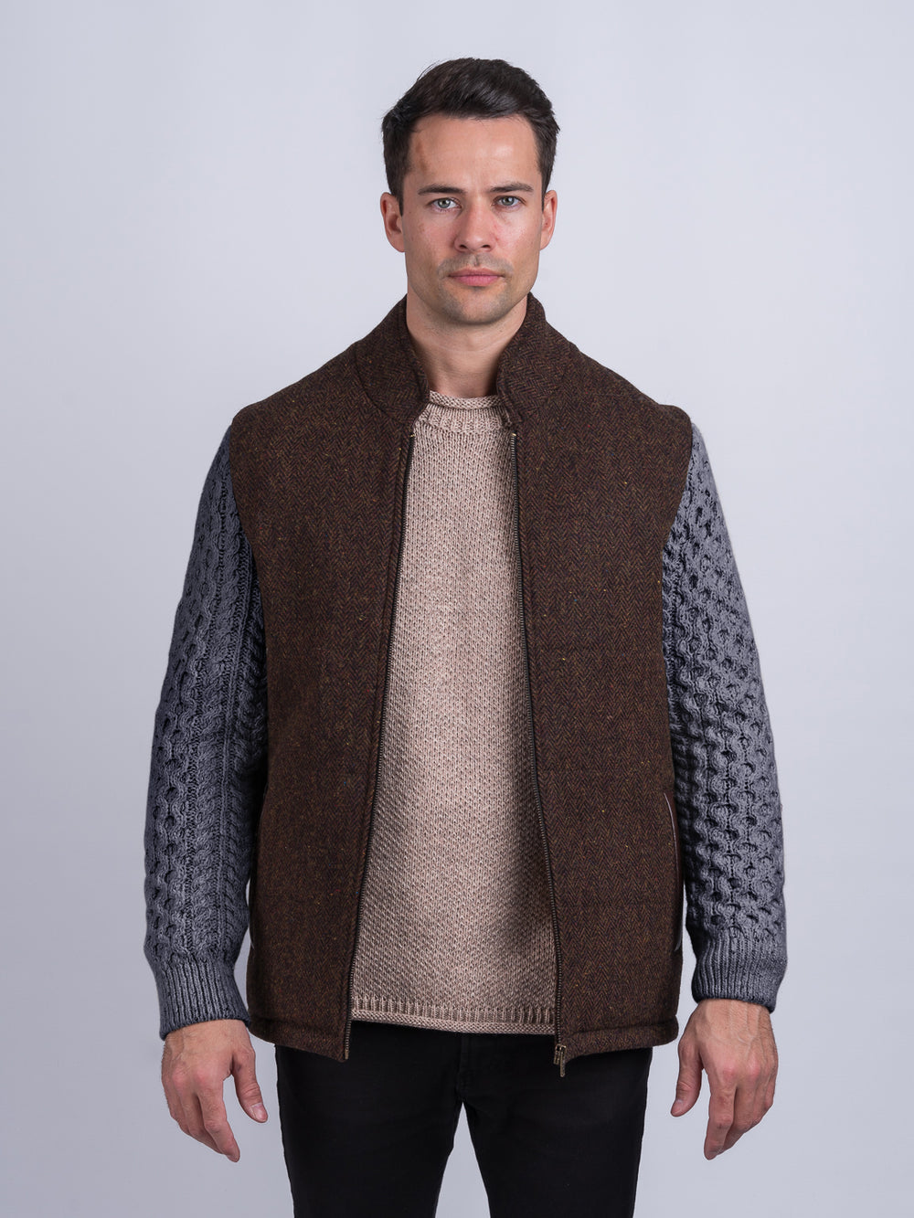 Brown Herringbone Shackleton Jacket With Navy Marl Cable Knit Sleeve