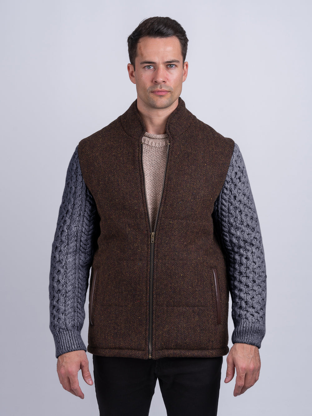 Brown Herringbone Shackleton Jacket With Navy Marl Cable Knit Sleeve