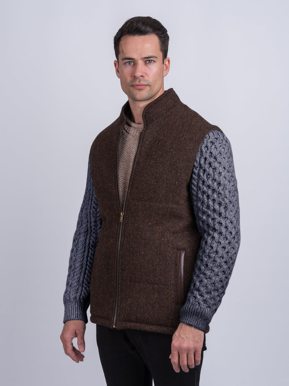 Brown Herringbone Shackleton Jacket With Navy Marl Cable Knit Sleeve