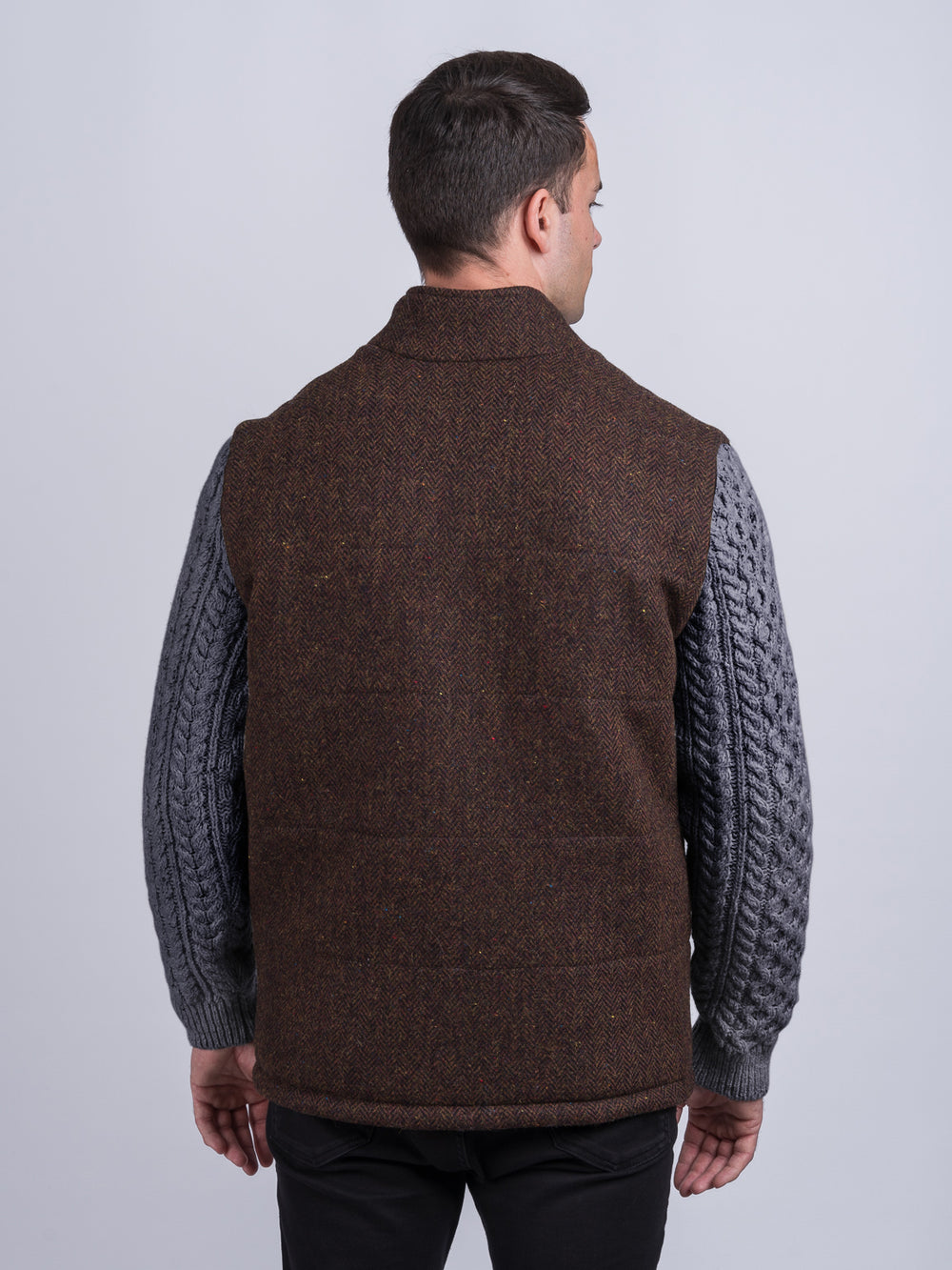 Brown Herringbone Shackleton Jacket With Navy Marl Cable Knit Sleeve