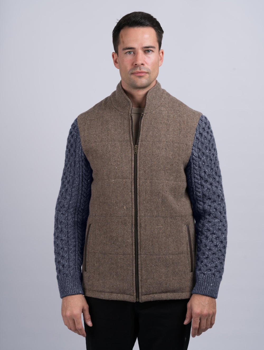 Fawn Shackleton Jacket With Navy Marl Cable Knit Sleeve
