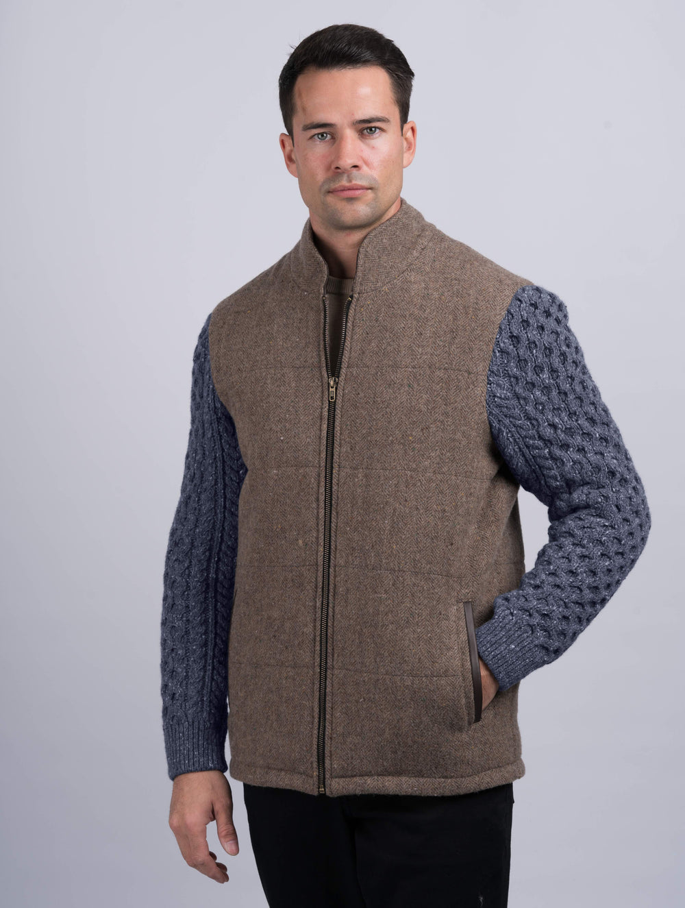 Fawn Shackleton Jacket With Navy Marl Cable Knit Sleeve