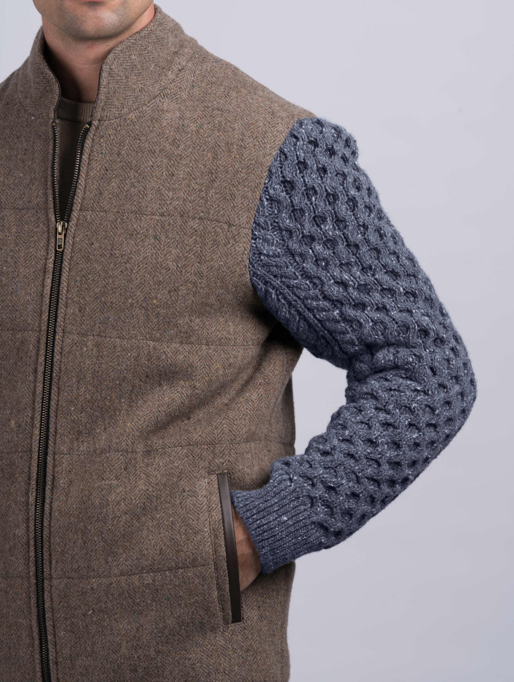 Fawn Shackleton Jacket With Navy Marl Cable Knit Sleeve