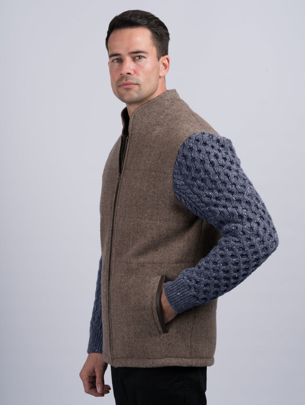Fawn Shackleton Jacket With Navy Marl Cable Knit Sleeve