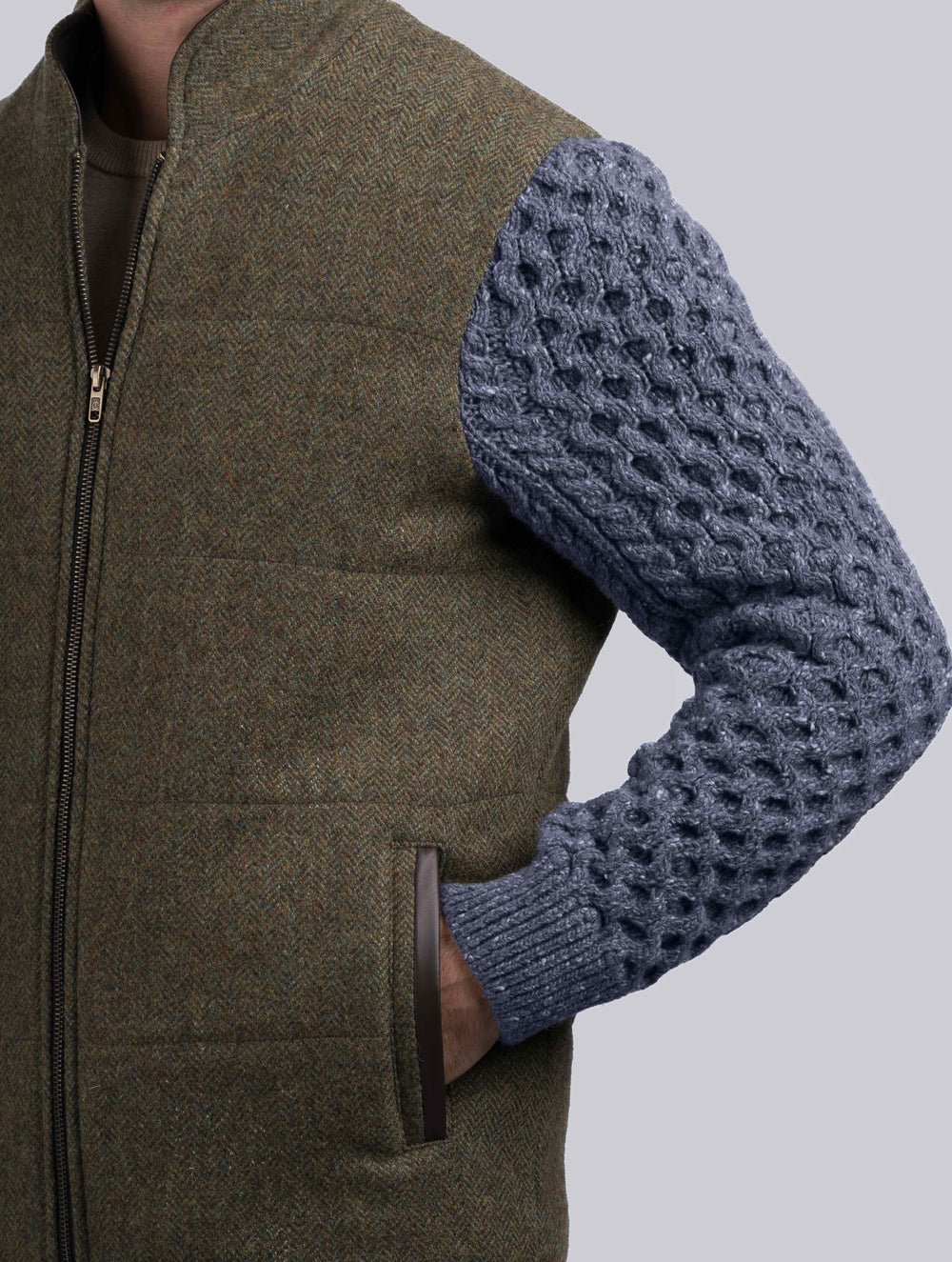 Moss Green Shackleton Jacket With Navy Marl Cable Knit Sleeve