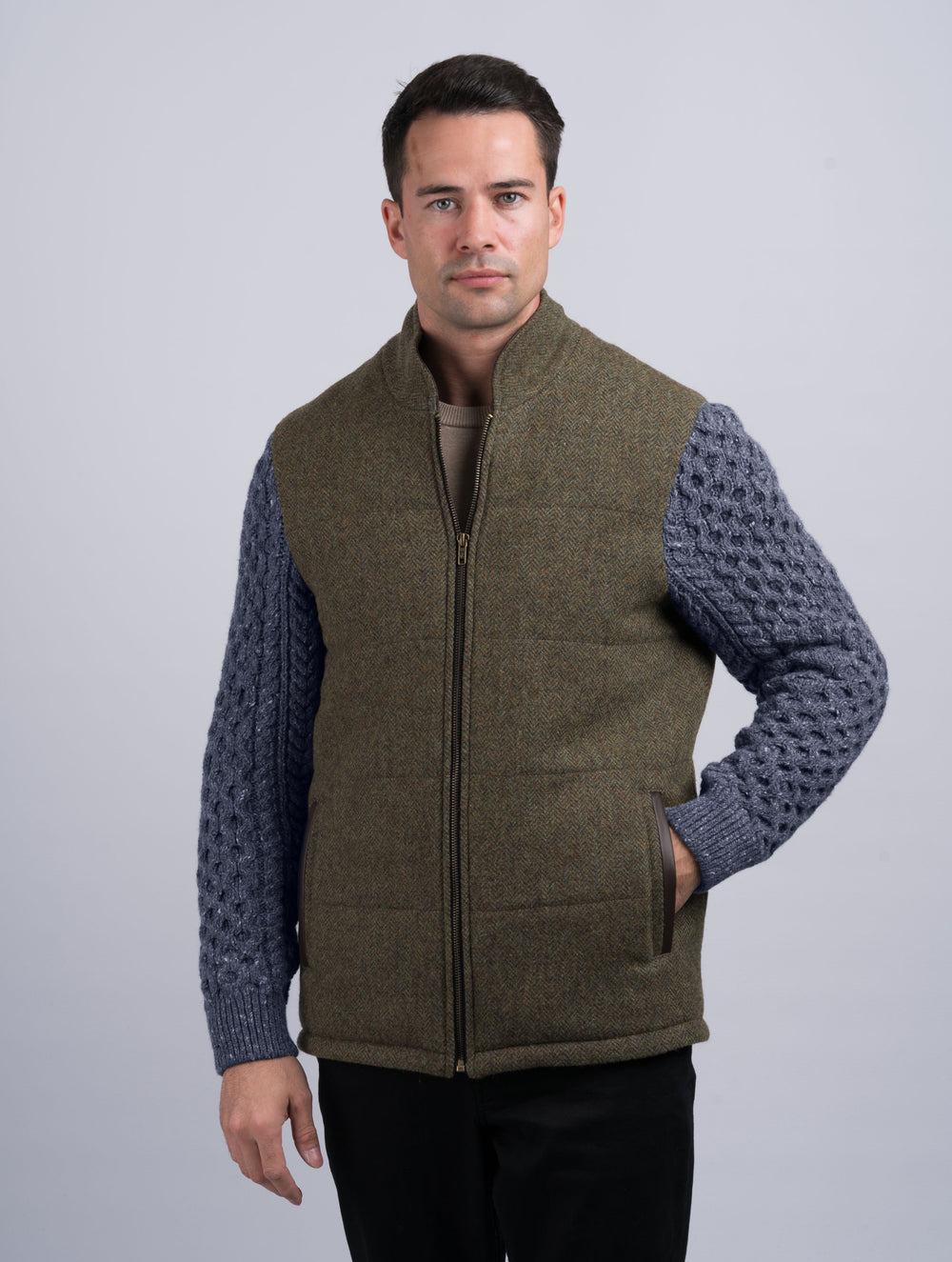 Moss Green Shackleton Jacket With Navy Marl Cable Knit Sleeve
