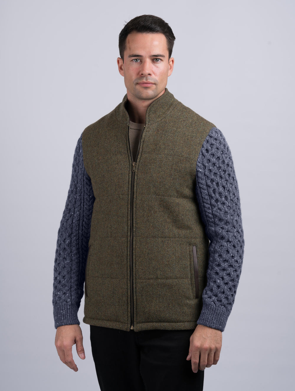 Moss Green Shackleton Jacket With Navy Marl Cable Knit Sleeve