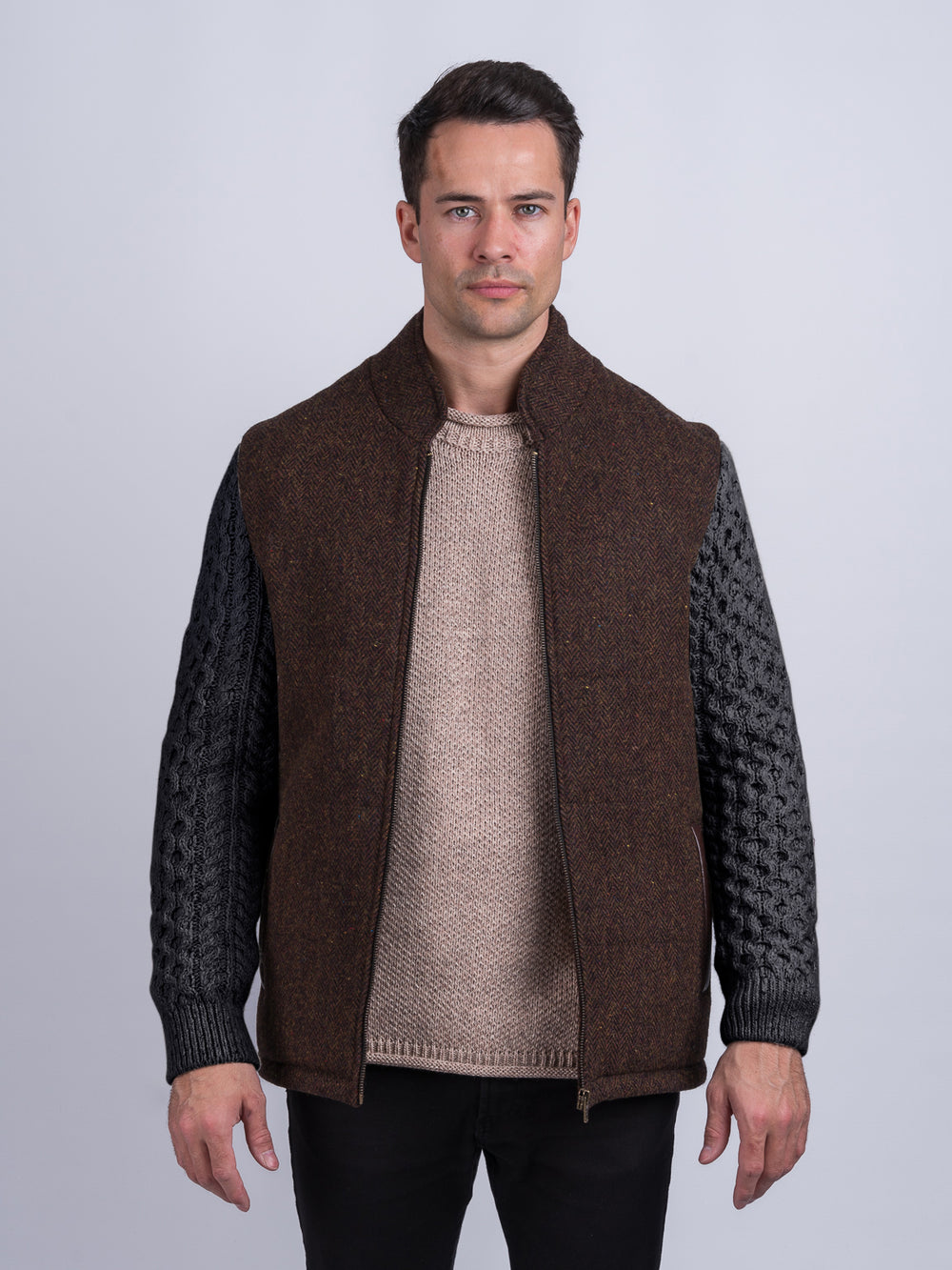 Brown Herringbone Shackleton Jacket With Charcoal Cable Knit Sleeve