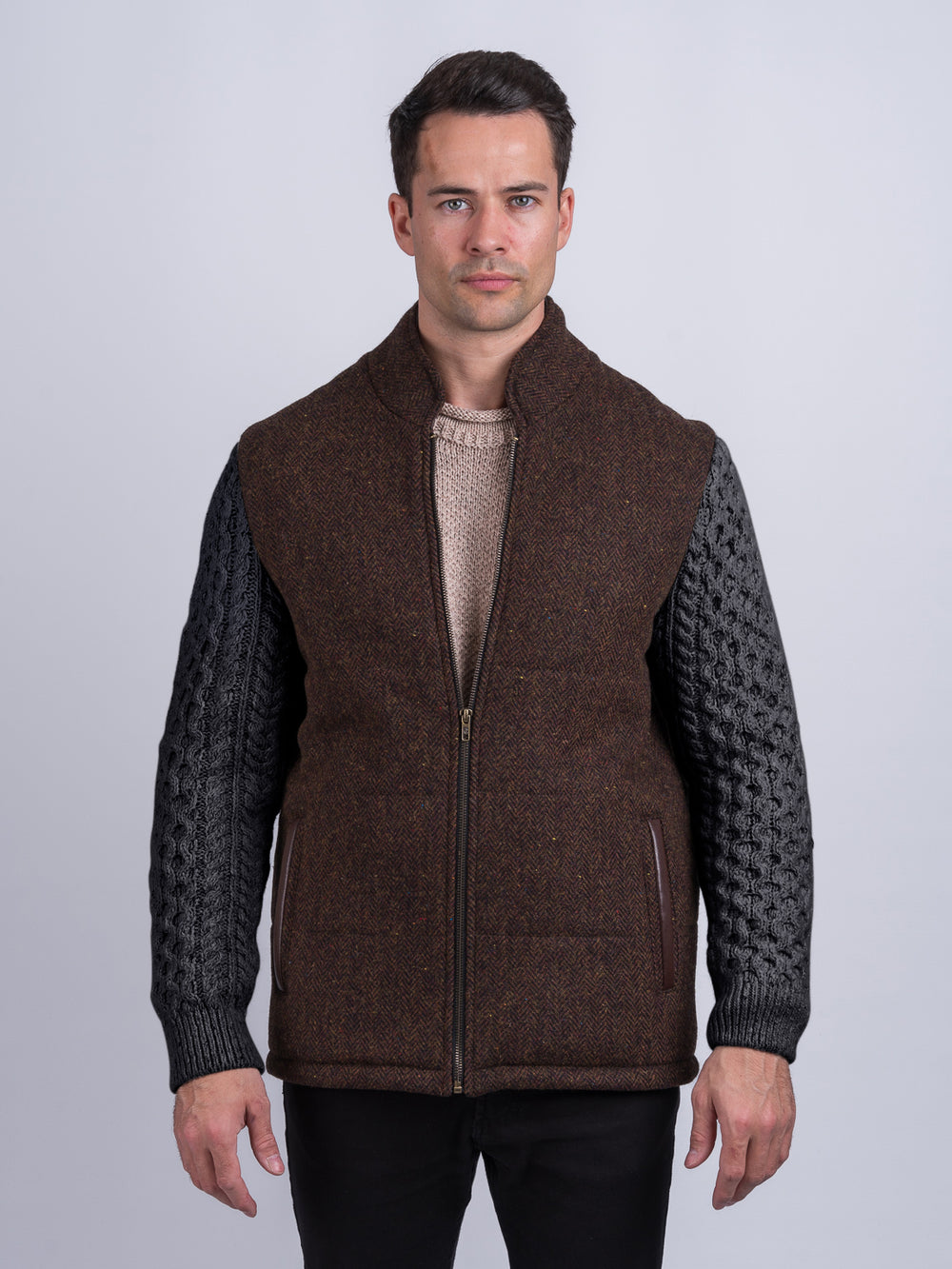 Brown Herringbone Shackleton Jacket With Charcoal Cable Knit Sleeve