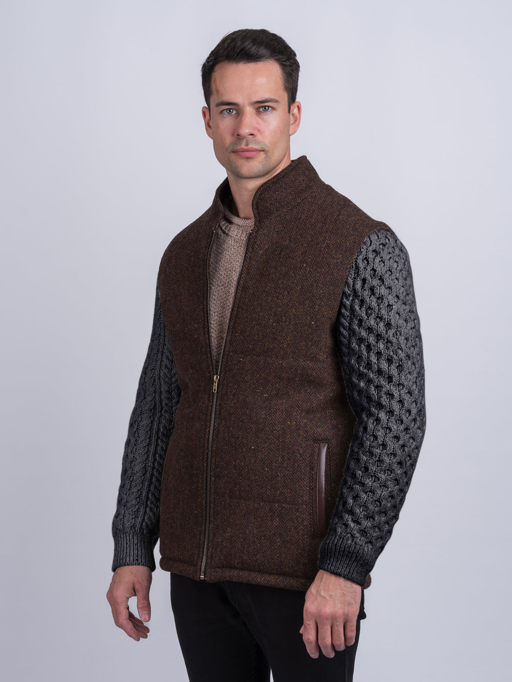Brown Herringbone Shackleton Jacket With Charcoal Cable Knit Sleeve