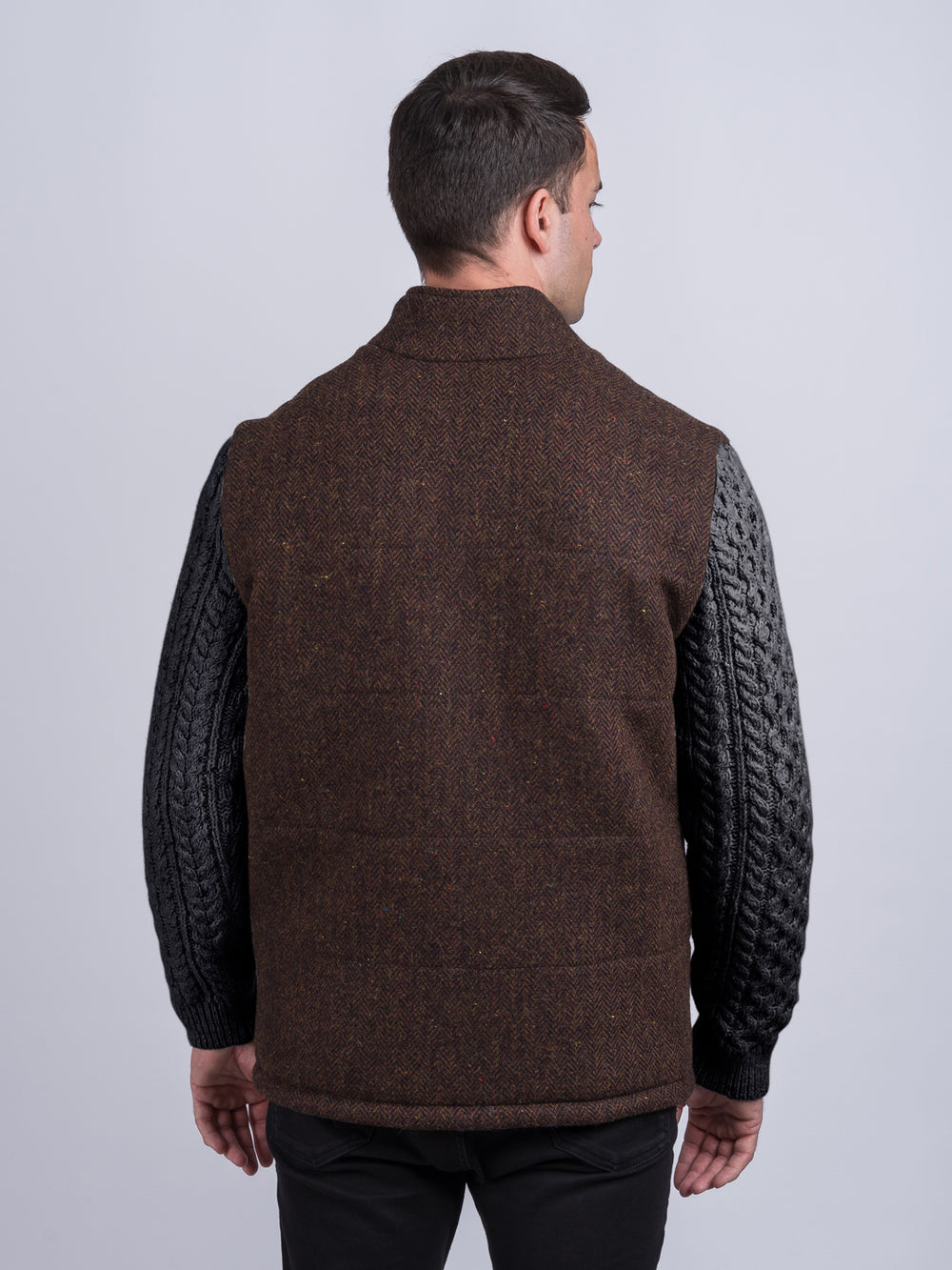 Brown Herringbone Shackleton Jacket With Charcoal Cable Knit Sleeve