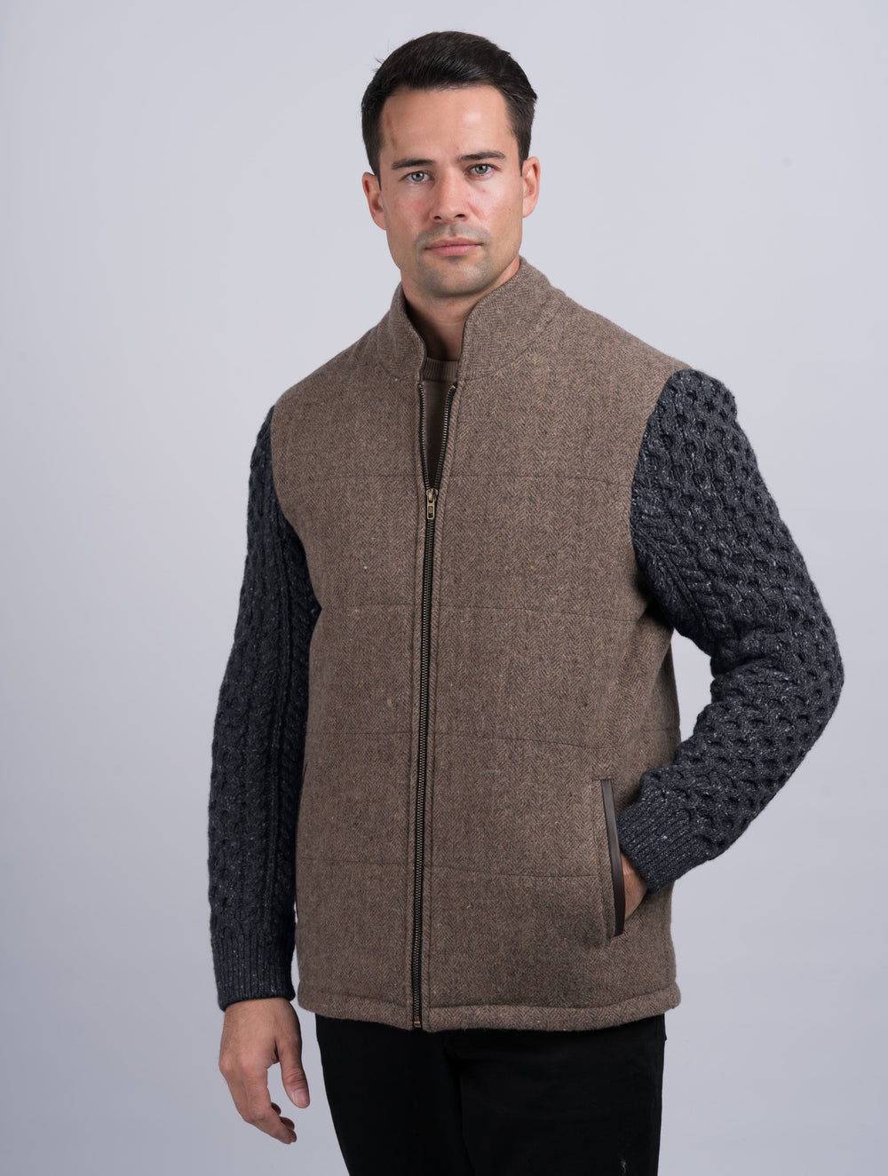 Fawn Shackleton Jacket With Charcoal Cable Knit Sleeve