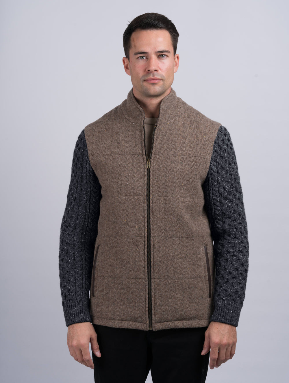 Fawn Shackleton Jacket With Charcoal Cable Knit Sleeve